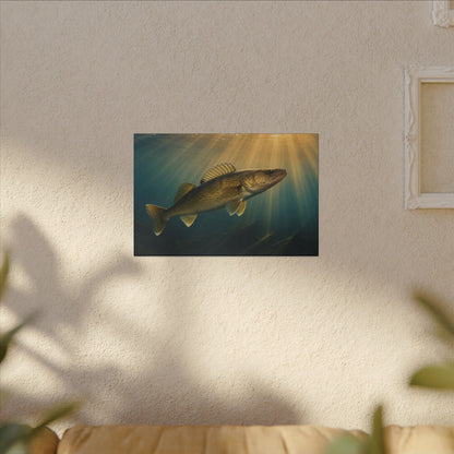 Backlit Sunbeam Cruise Walleye canvas hanging in a living room
