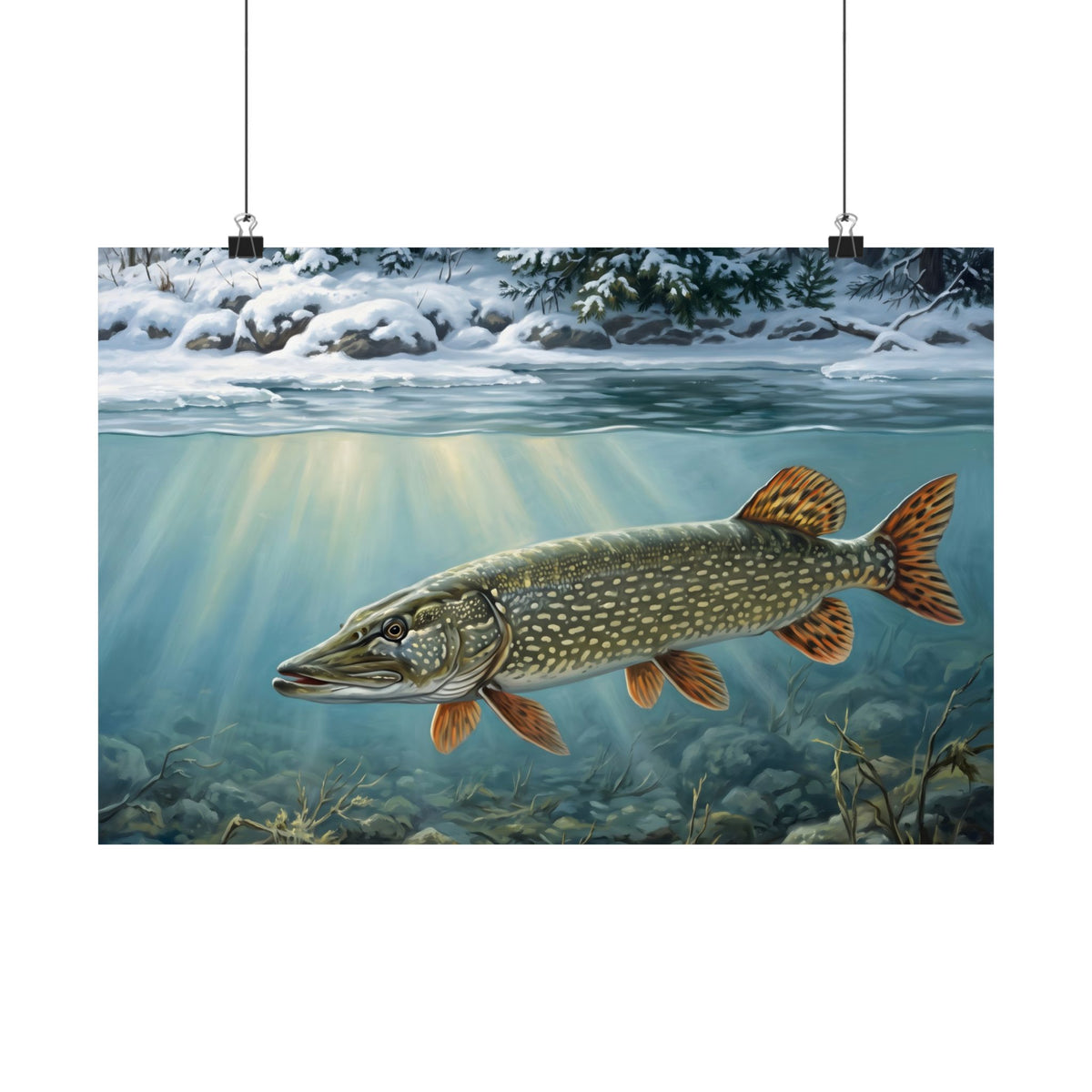 First Snow Northern Pike poster wall art, 24x16 size view