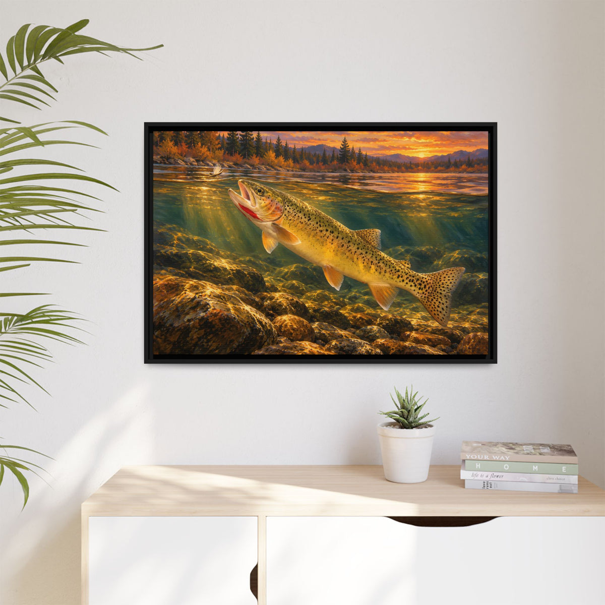Red Throat at Dusk Cutthroat Trout framed canvas hanging in a living room