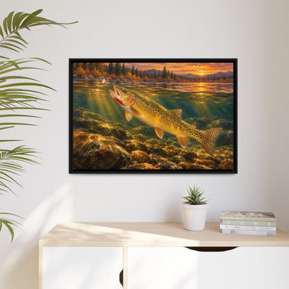Red Throat at Dusk Cutthroat Trout framed canvas hanging in a living room