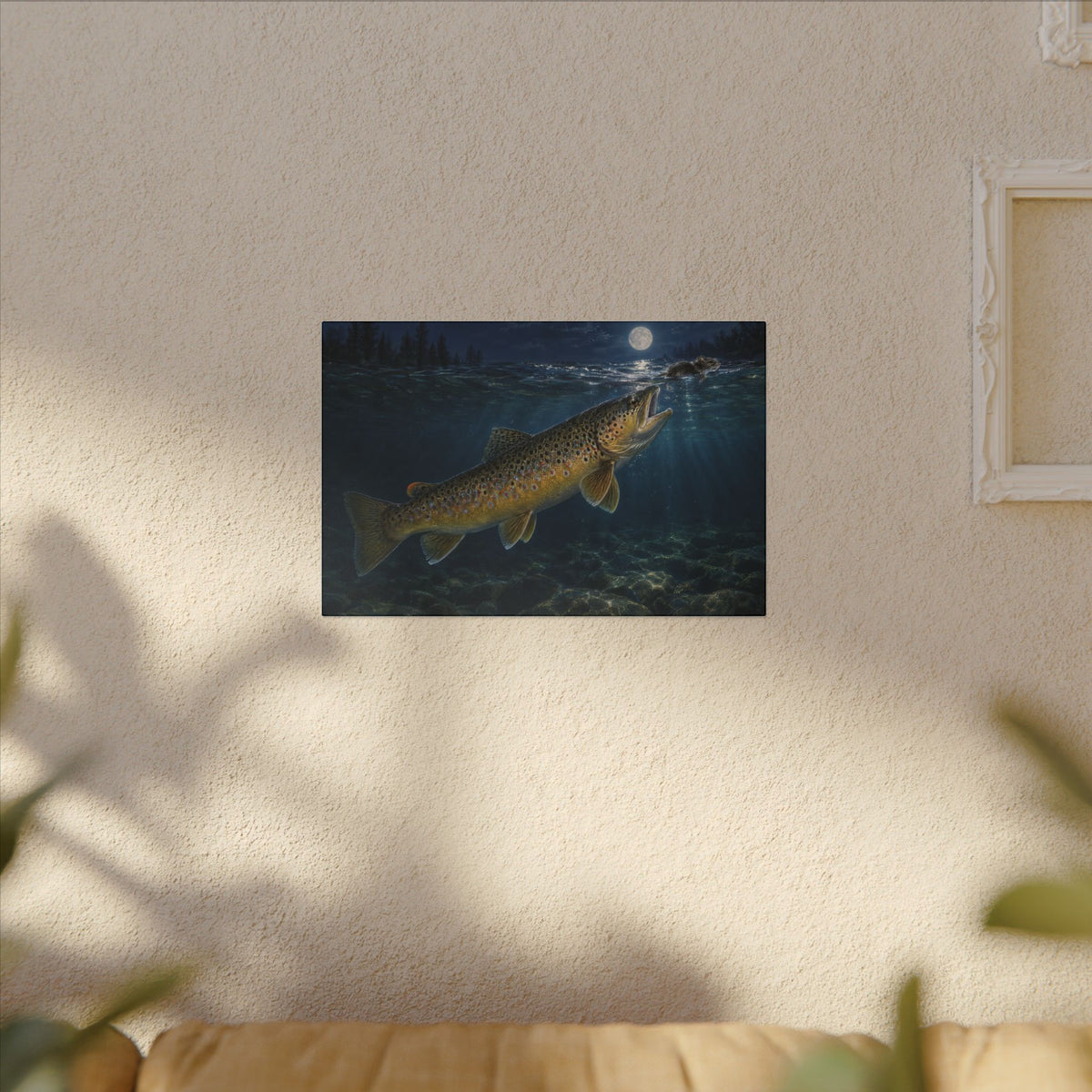 Midnight Mouse Brown Trout canvas hanging in a living room