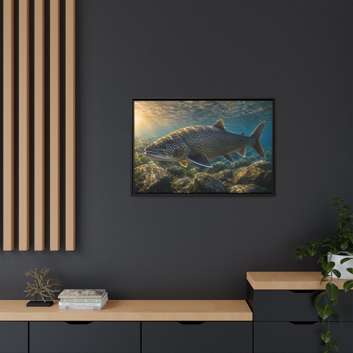 Shallow Reef at Sunrise Lake Trout framed canvas wall art, view 6