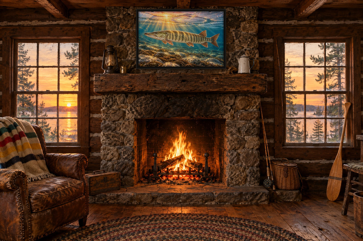 Framed ice-out muskie wall art above a fieldstone fireplace in a vintage log fishing cabin at sunset