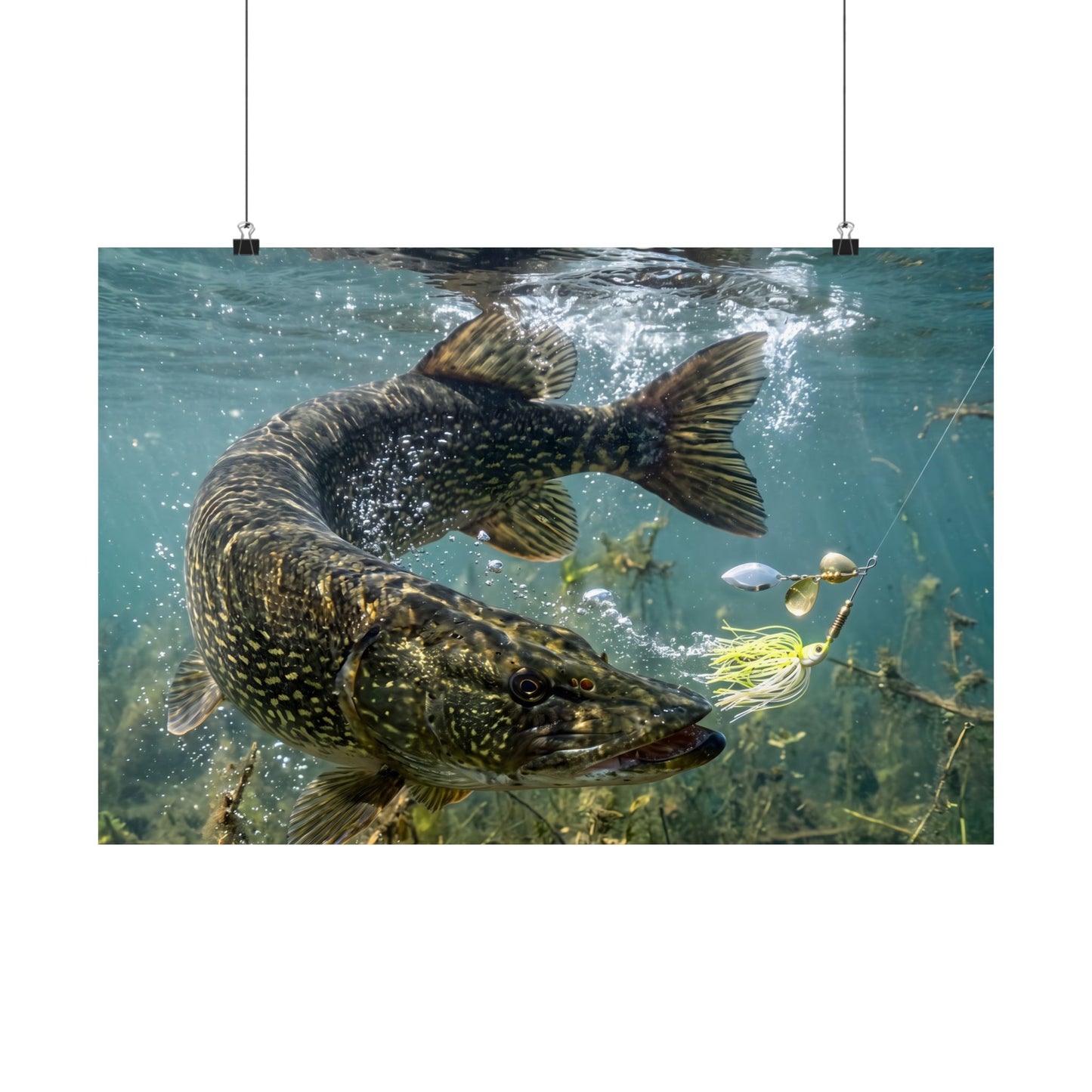 Northern Pike Turning Strike Poster — Action Wall Art for Anglers