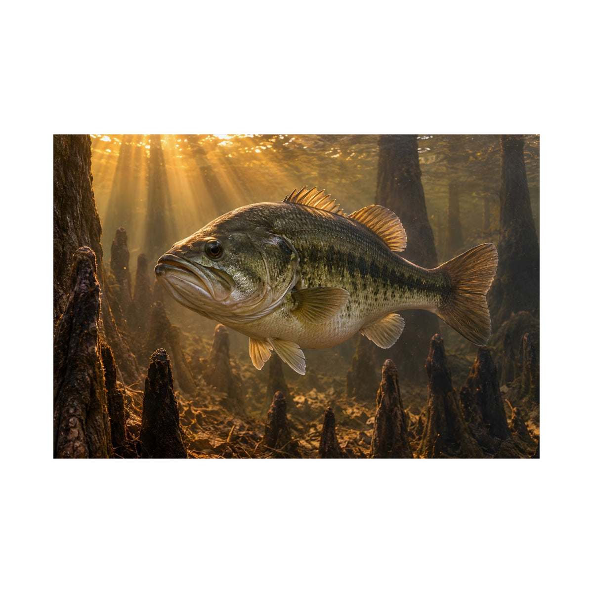 Sunrise Over the Cypress Knees Largemouth Bass fishing poster close-up