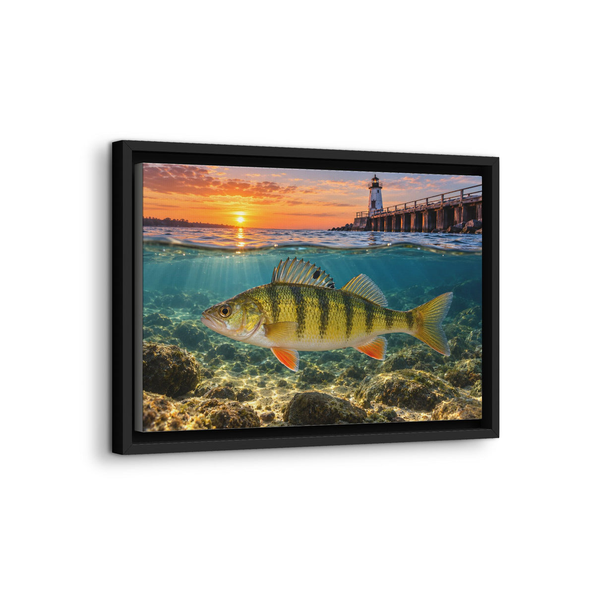 Lighthouse Sunrise Yellow Perch framed canvas wall art, view 4