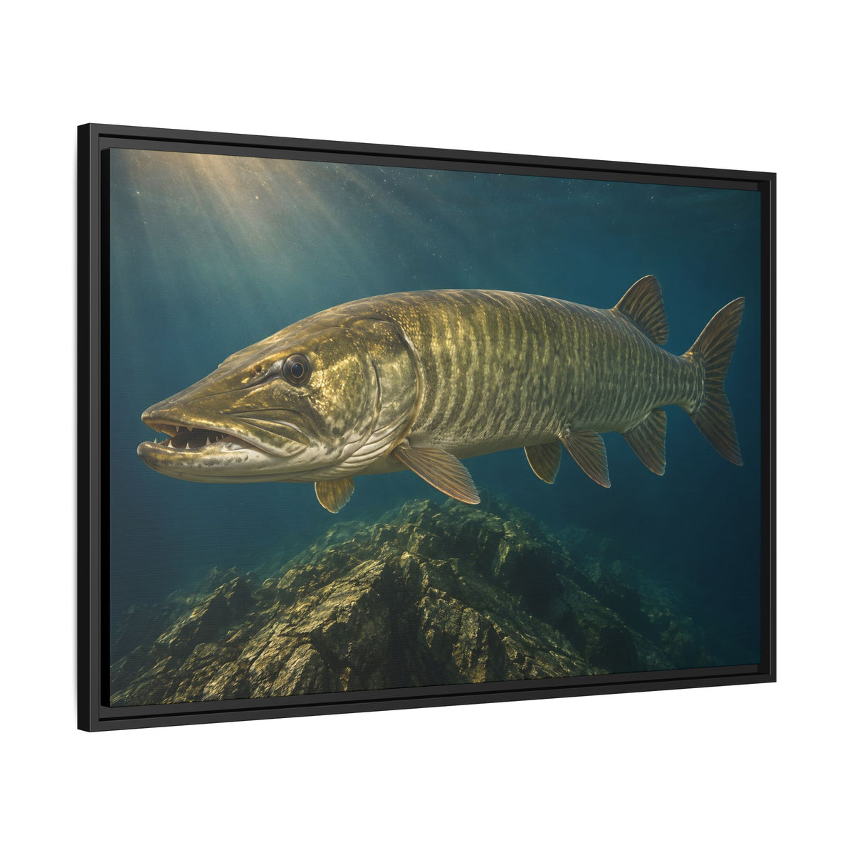 Golden Backlit Muskie Profile framed canvas side angle