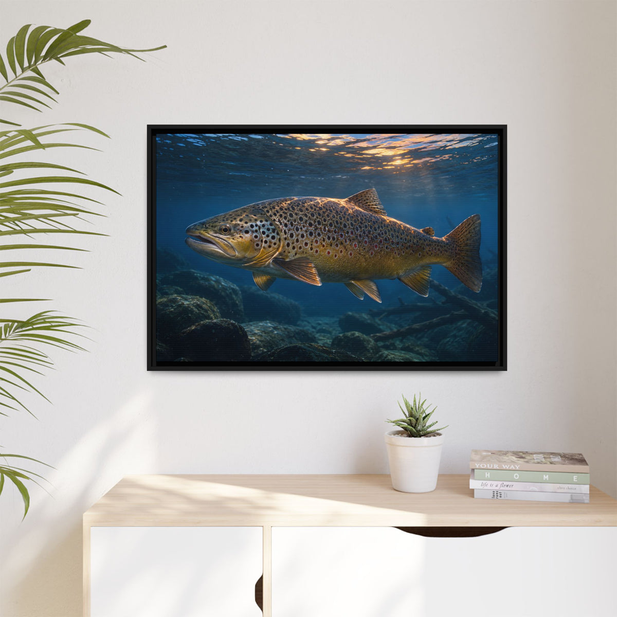 Sunset Depths Brown Trout framed canvas wall art, view 5