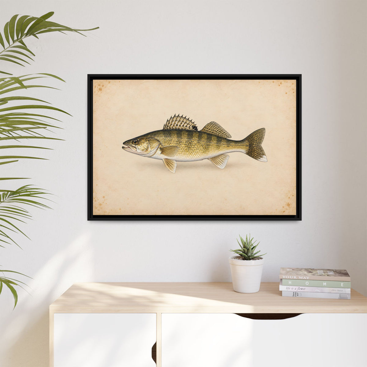 Walleye Field Study framed canvas hanging in a living room