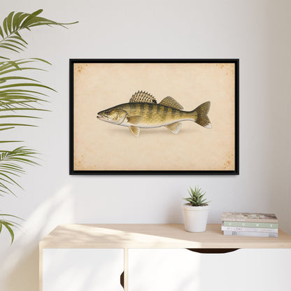 Walleye Field Study framed canvas hanging in a living room