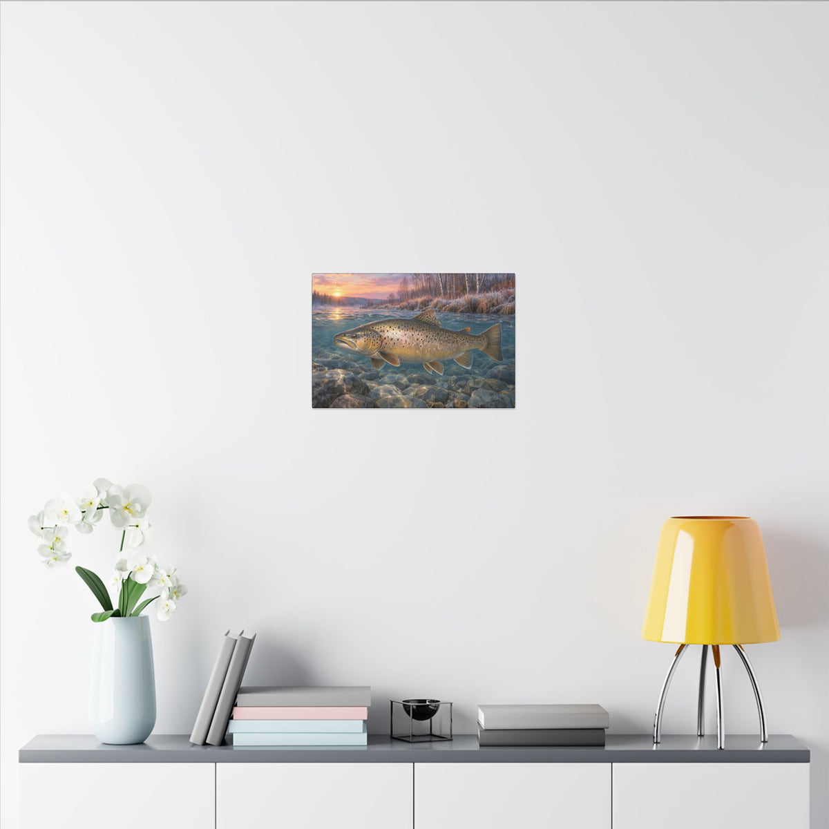 Lake-Run Giant Brown Trout canvas in a home office