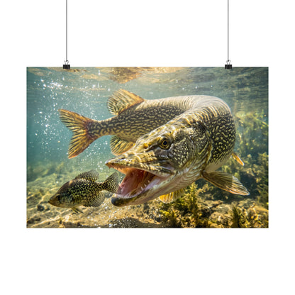 Northern Pike Crappie Chase Poster — Predator Wall Art for Anglers