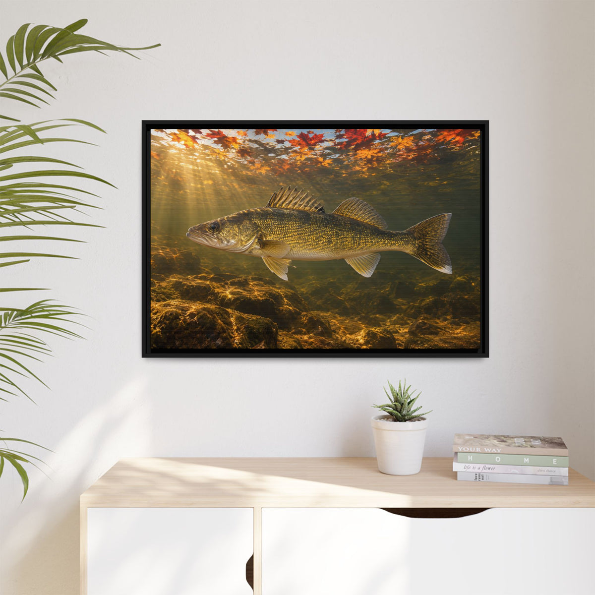 Autumn Turnover Walleye framed canvas hanging in a living room