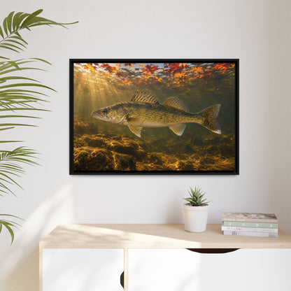 Autumn Turnover Walleye framed canvas hanging in a living room