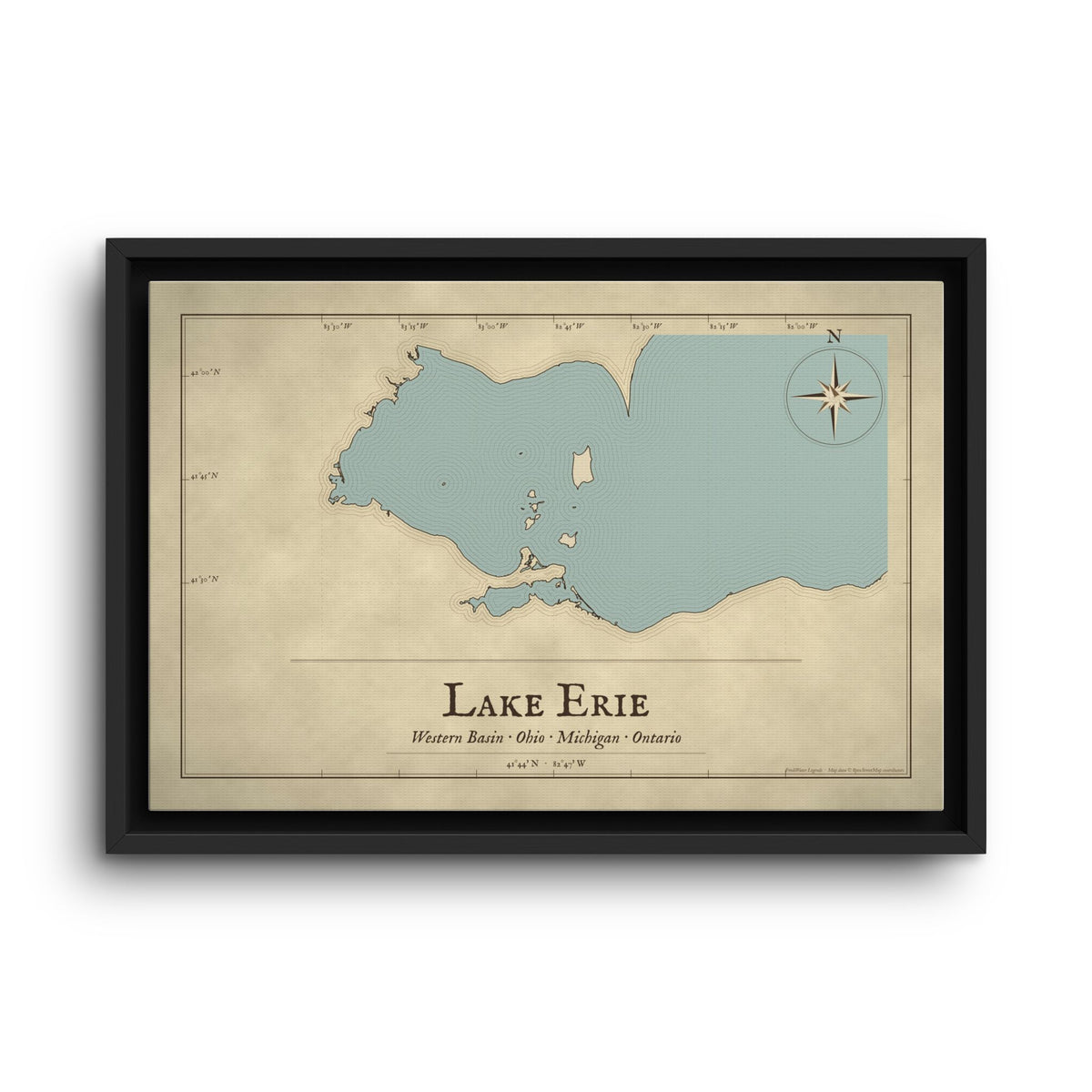 Lake Erie Western Basin Vintage Map framed canvas wall art