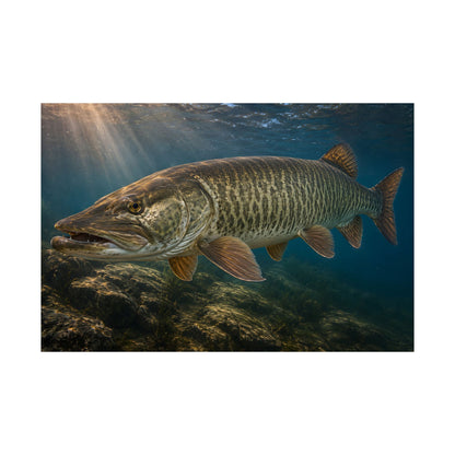 Toothy Close-Up Backlit Muskie Poster — Trophy Underwater Wall Art for Anglers