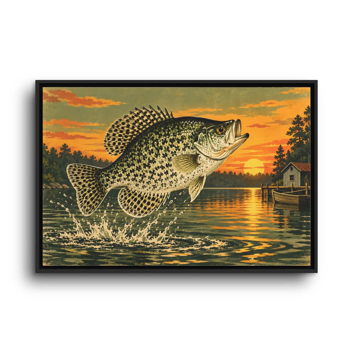 Sunset Camp Crappie framed canvas wall art, view 3