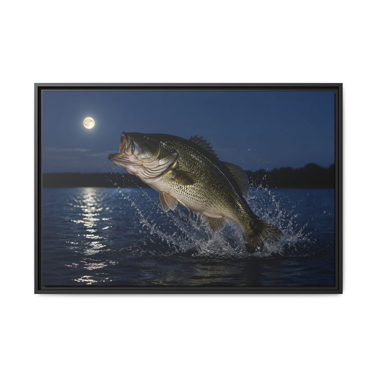 Moonlit Jump Largemouth Bass framed canvas, 18x12 size view