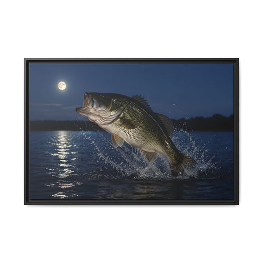 Moonlit Jump Largemouth Bass framed canvas, 18x12 size view