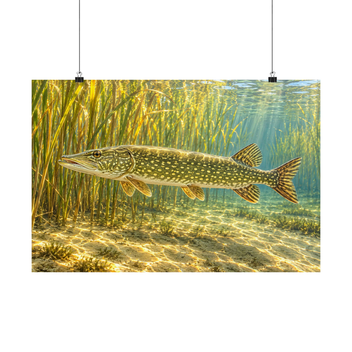 Sunlit Reed Edge Northern Pike poster wall art, 18x12 size view