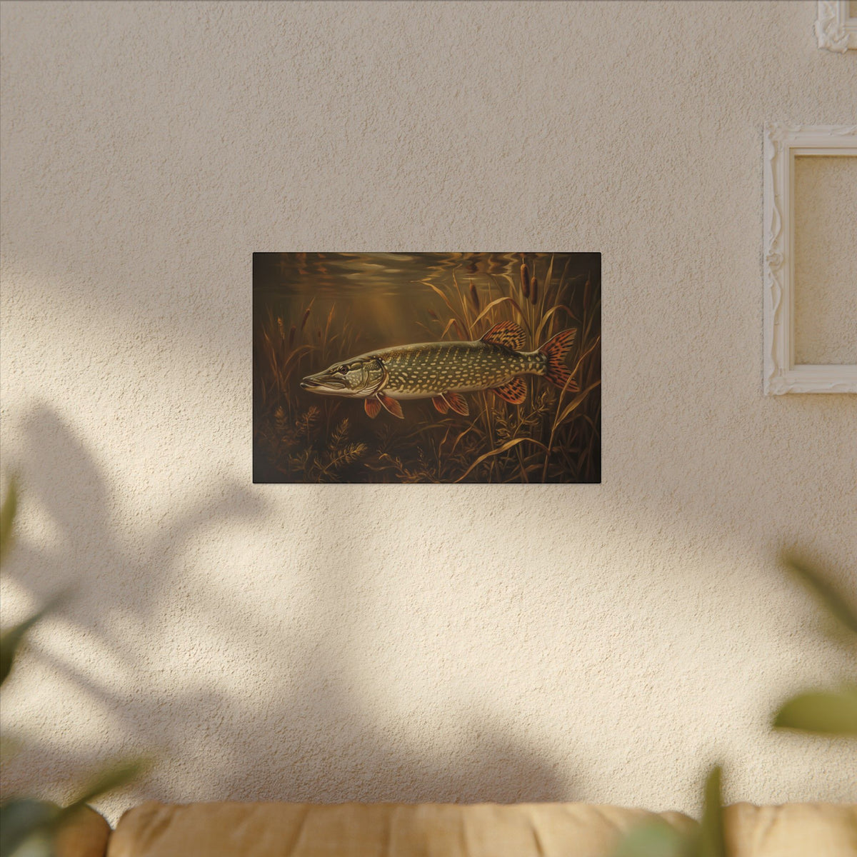 Old Masters Oil Northern Pike canvas hanging in a living room