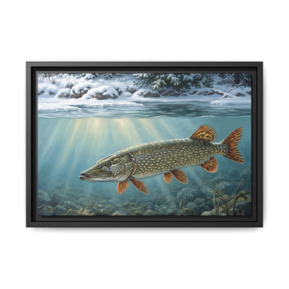 First Snow Northern Pike framed canvas, 24x16 size view