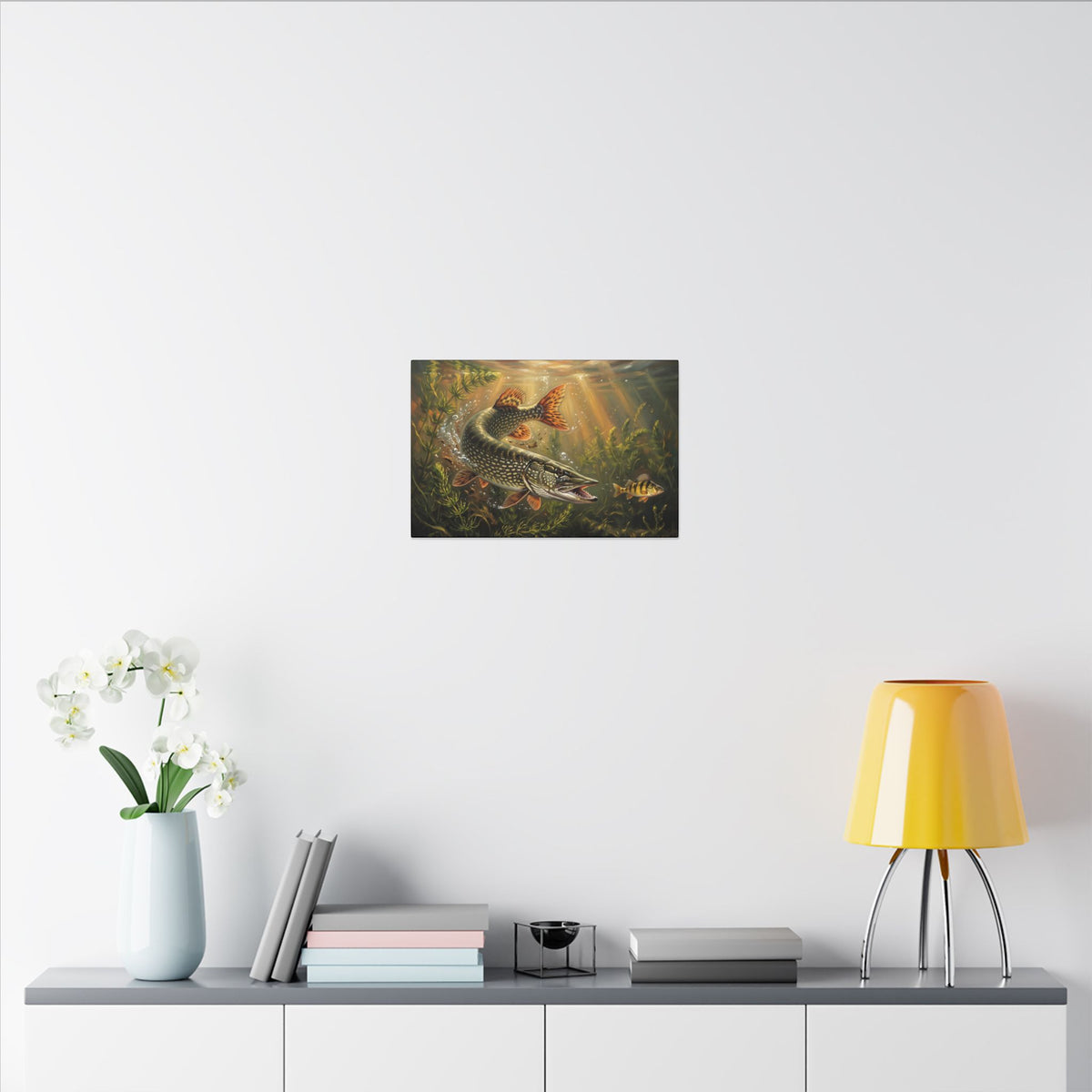 Perch Ambush Northern Pike canvas in a home office