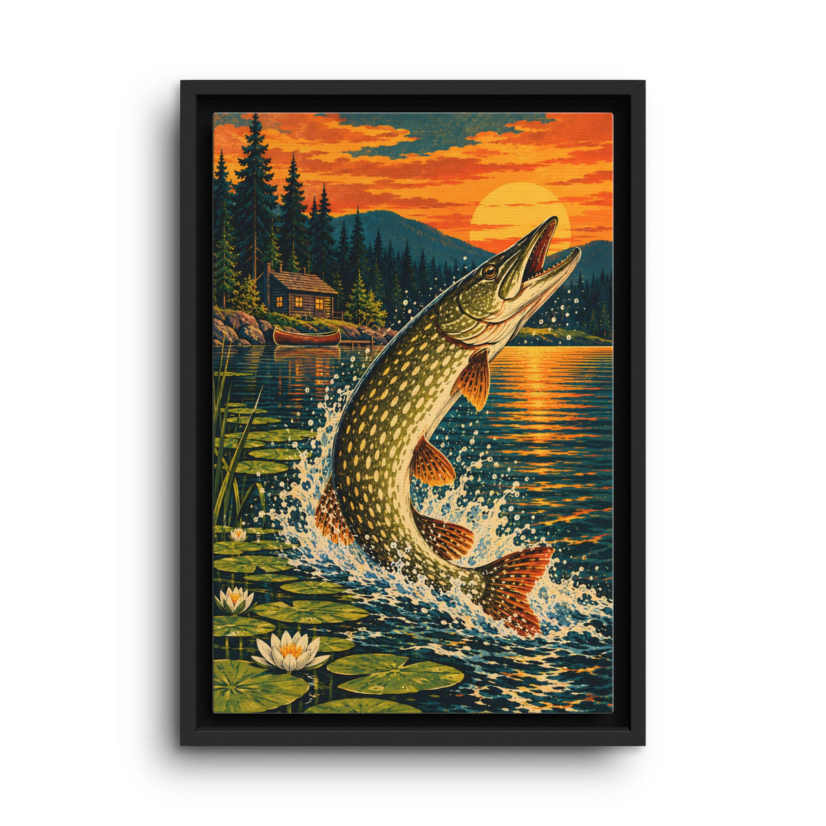 Northern Pike Sunset Leap Vintage framed canvas wall art