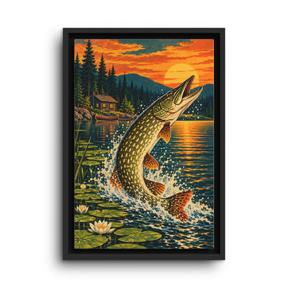 Northern Pike Sunset Leap Vintage framed canvas wall art