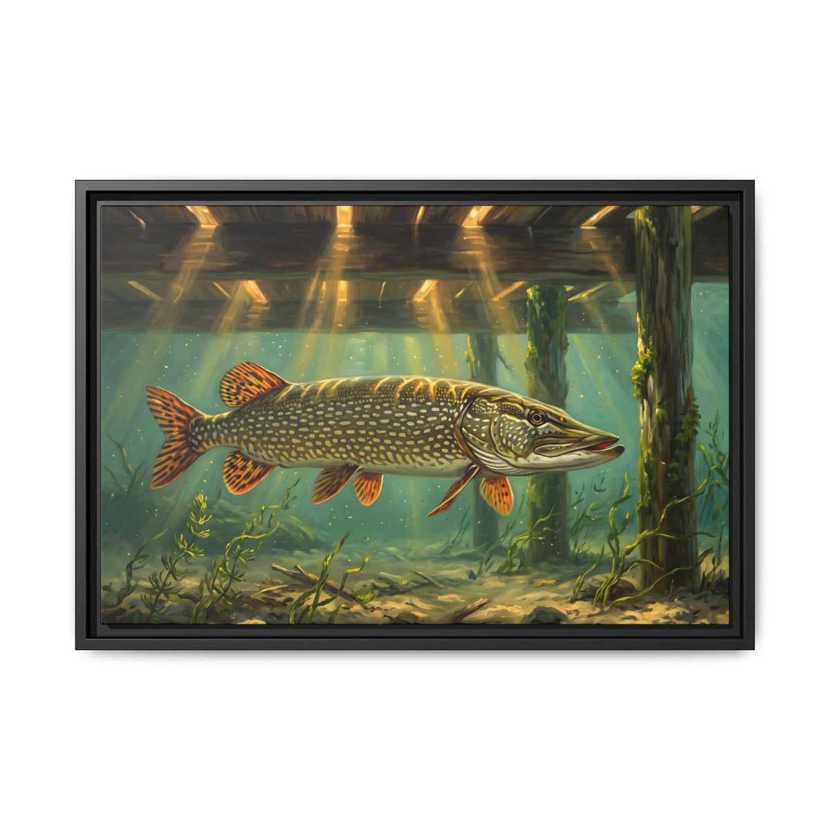 Under the Dock Northern Pike framed canvas, 36x24 size view