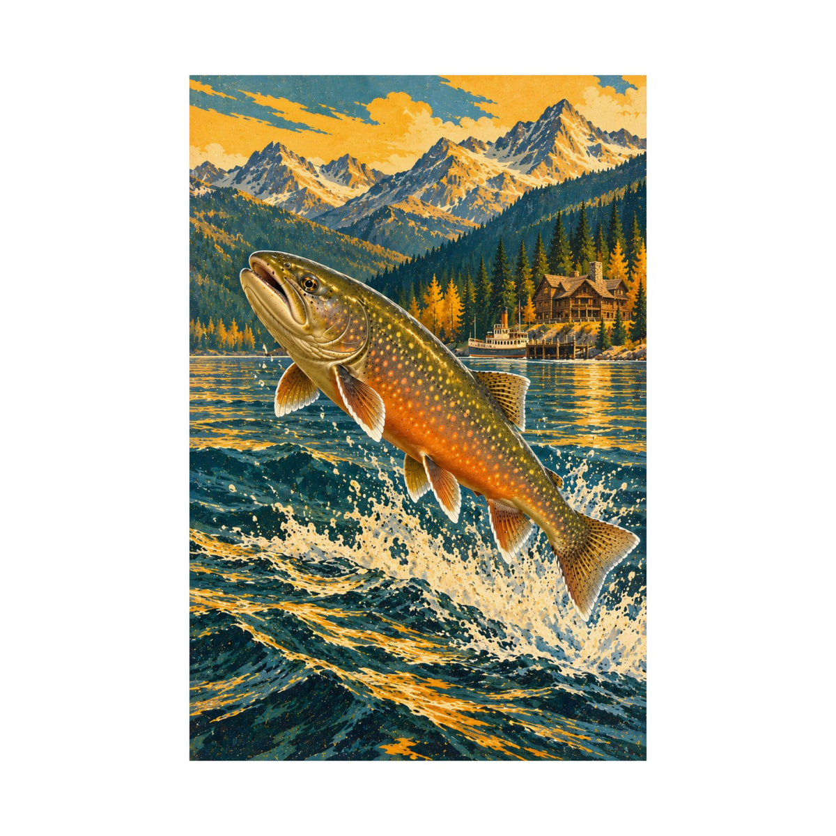 Northern Lake Lodge Bull Trout Vintage fishing poster close-up