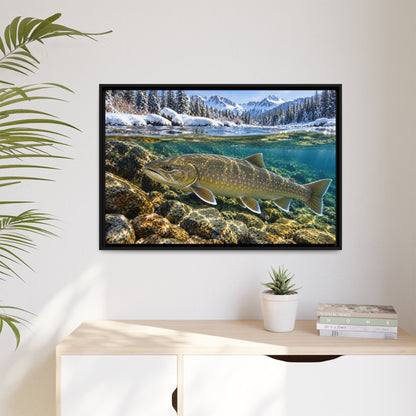 Snowy Mountain River Bull Trout framed canvas hanging in a living room