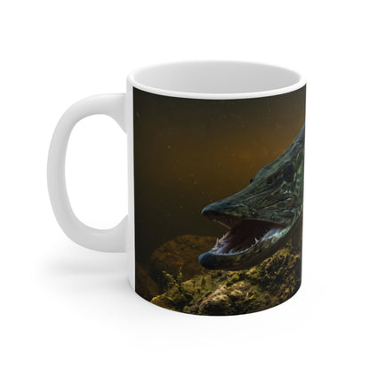 Mouth Open Dusk Sky Muskie coffee mug, handle on the left