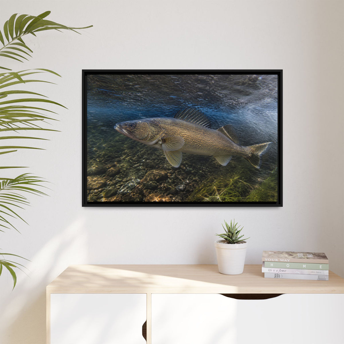 River Bend Walleye framed canvas hanging in a living room