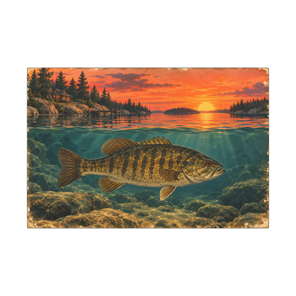 Mid-century lake art of a big smallmouth below a glowing orange sunset, fishing wall art canvas