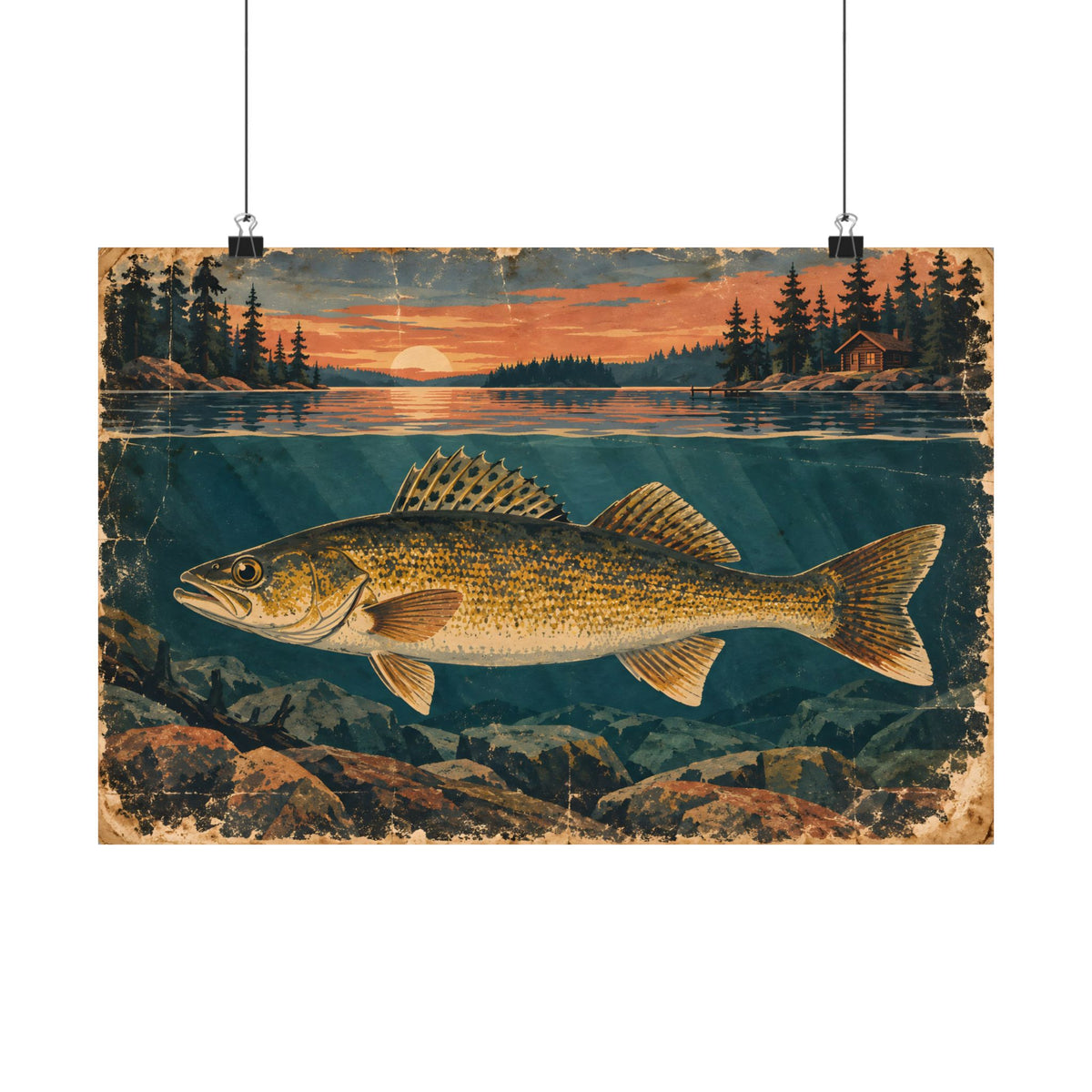 Vintage Lodge Poster Walleye poster wall art, 24x16 size view
