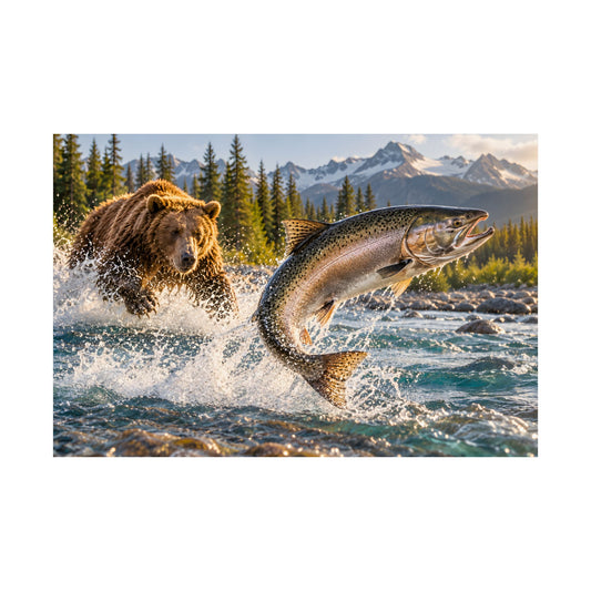 Grizzly Bear & Leaping Salmon poster wall art