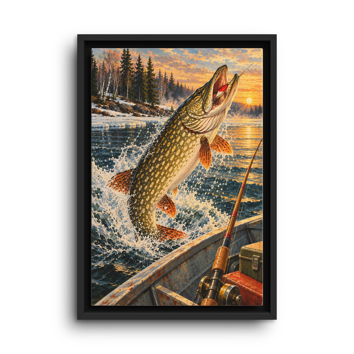 Northern Pike Strike by the Boat framed canvas wall art