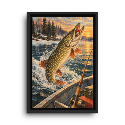 Northern Pike Strike by the Boat framed canvas wall art
