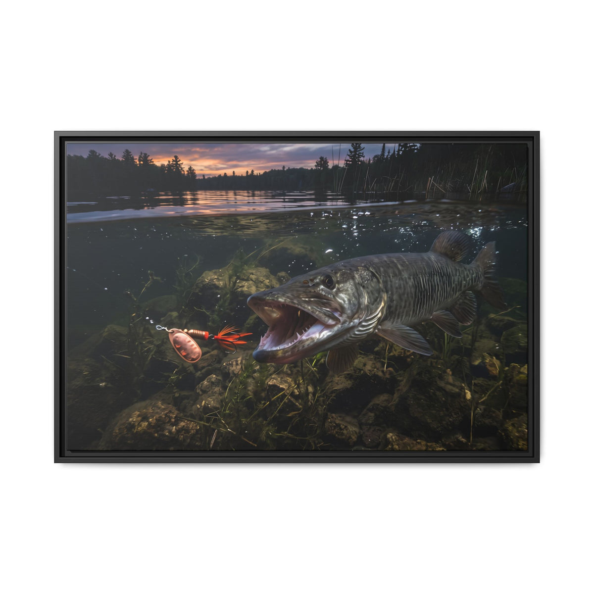 Sunset Spinner Strike Muskie framed canvas, 18x12 size view