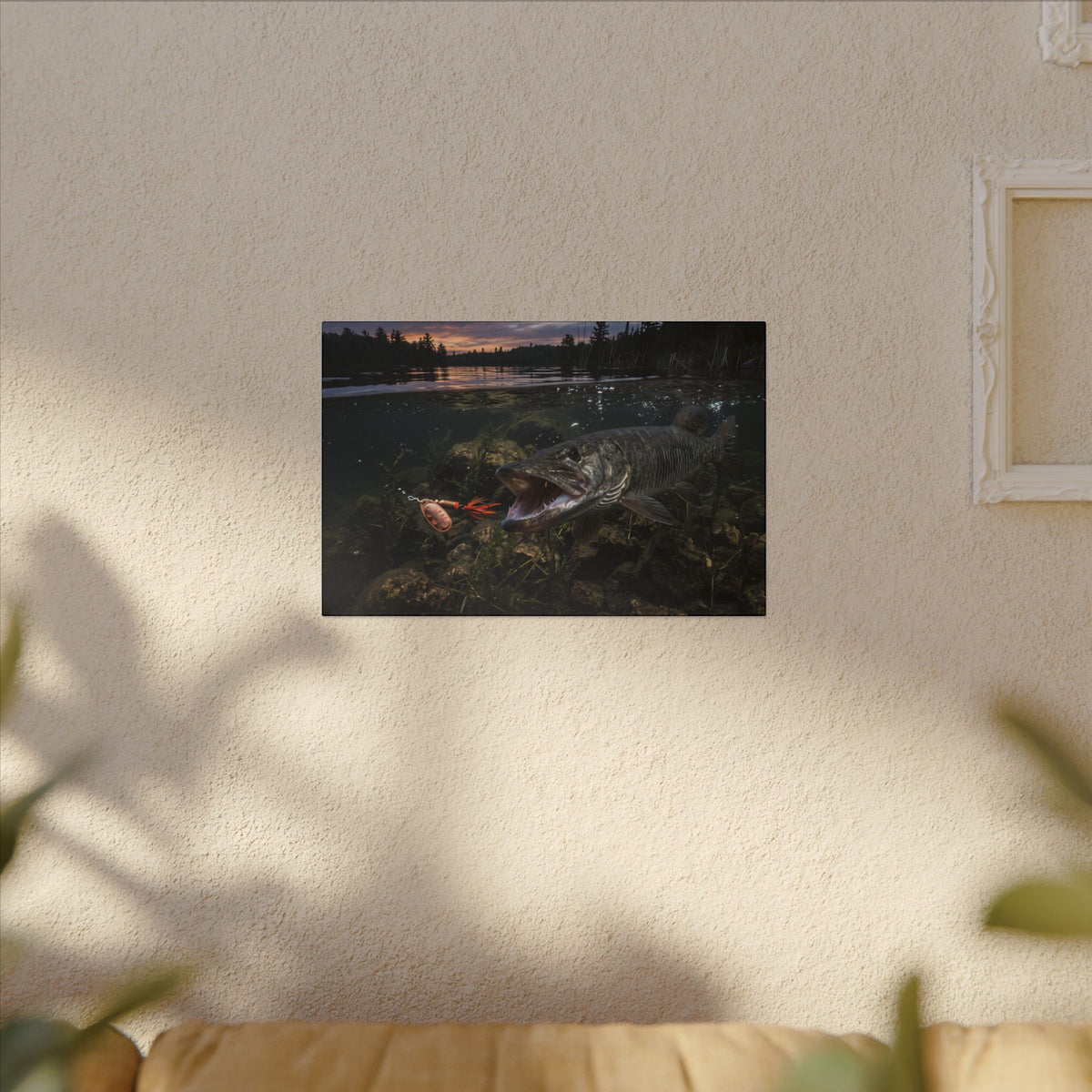 Sunset Spinner Strike Muskie canvas hanging in a living room