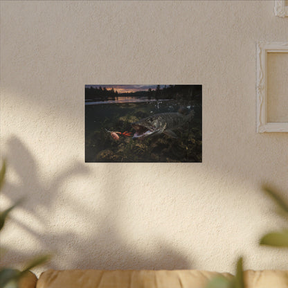 Sunset Spinner Strike Muskie canvas hanging in a living room
