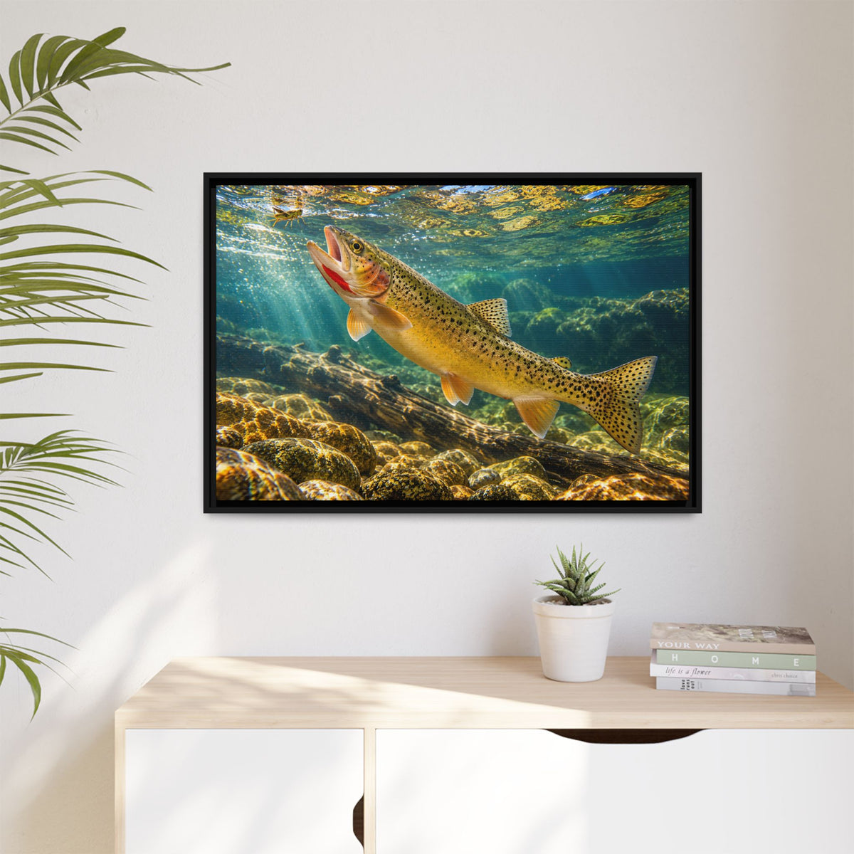 Rising to the Hopper Cutthroat Trout framed canvas hanging in a living room