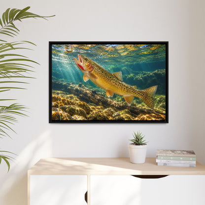 Rising to the Hopper Cutthroat Trout framed canvas hanging in a living room