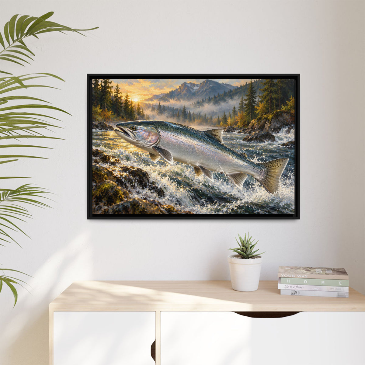 Silver Run Coho Salmon framed canvas hanging in a living room