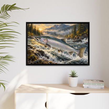 Silver Run Coho Salmon framed canvas hanging in a living room
