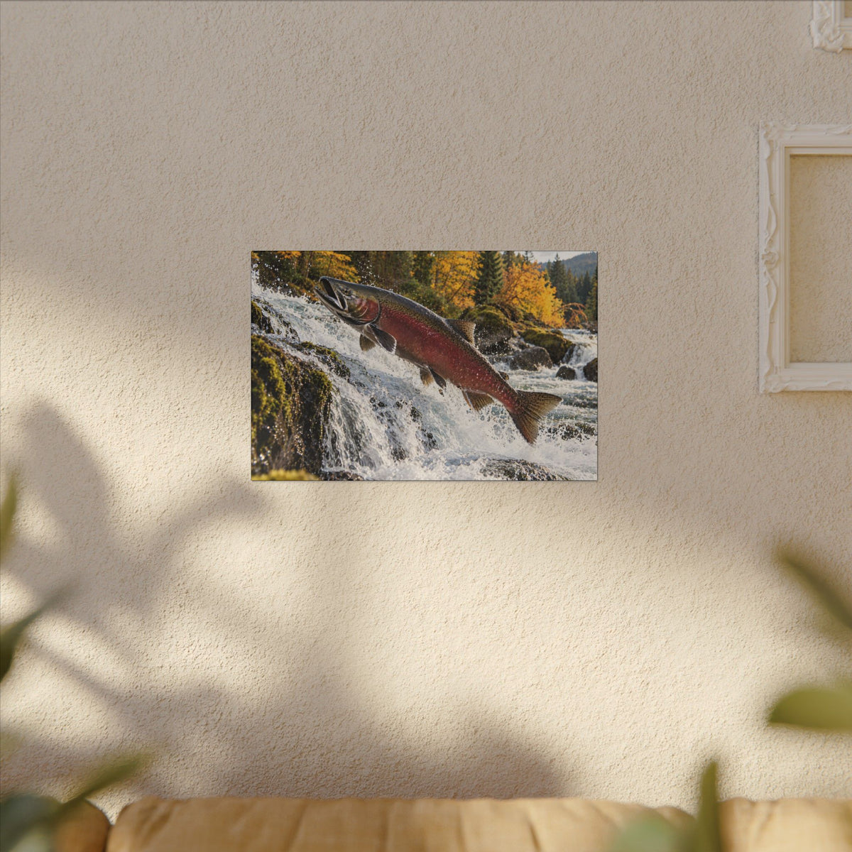 Autumn Run Leap Coho Salmon canvas hanging in a living room