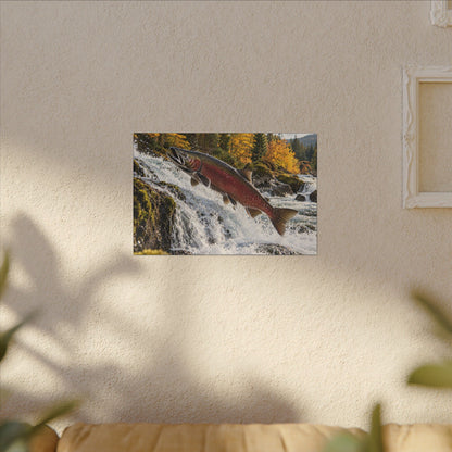 Autumn Run Leap Coho Salmon canvas hanging in a living room
