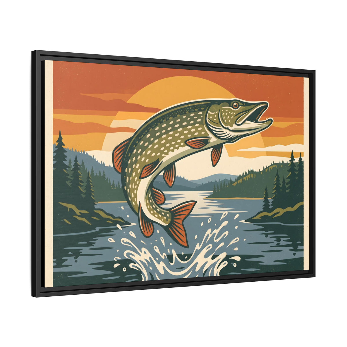 Vintage Lodge Northern Pike framed canvas, side angle