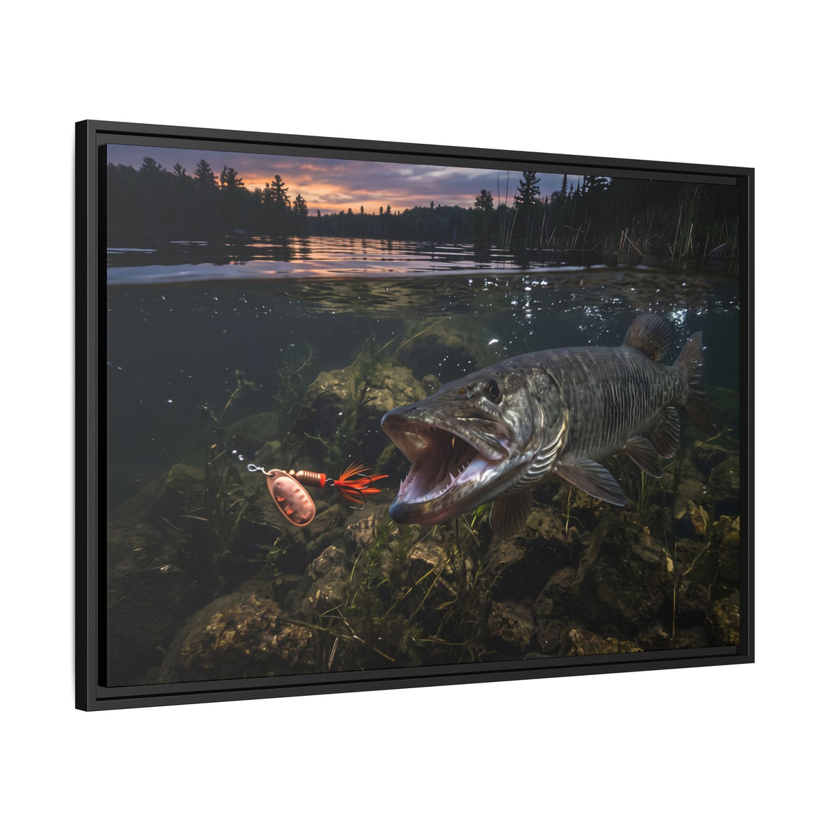 Sunset Spinner Strike Muskie framed canvas side angle